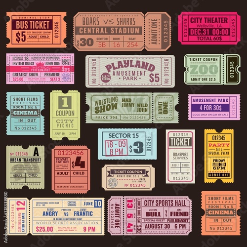 Cinema or theater ticket set. Vintage invite tickets with stamp, retro voucher for museum or concert event isolated vector design