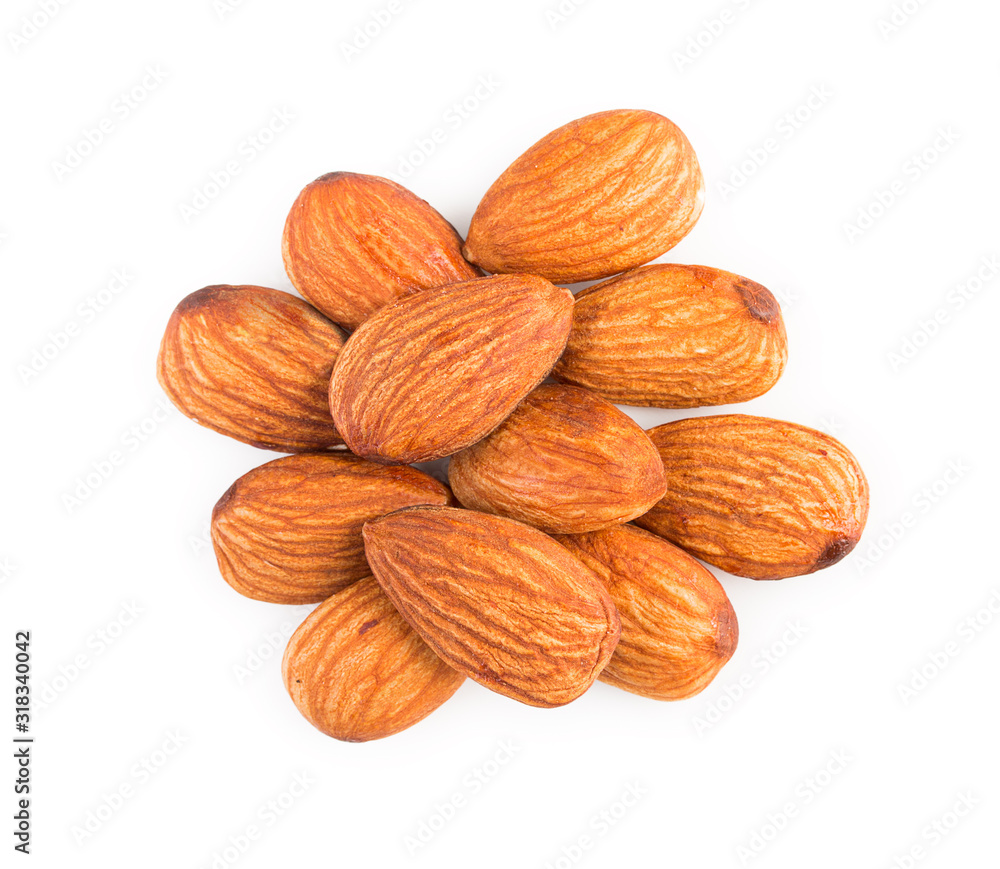 Heap of almonds nuts isolated on white background, top view, close up. Heap of almonds nuts isolated on white background, top view, close up.
