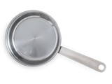 Empty stainless steel, chrome saucepan, stewpan with metal handle isolated on white background, top view.
