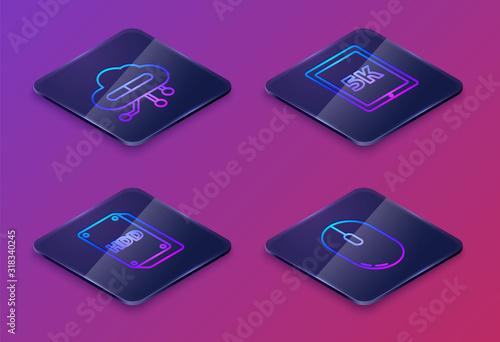 Set Isometric line Internet of things, Hard disk drive HDD, Tablet with text 5k and Computer mouse. Blue square button. Vector