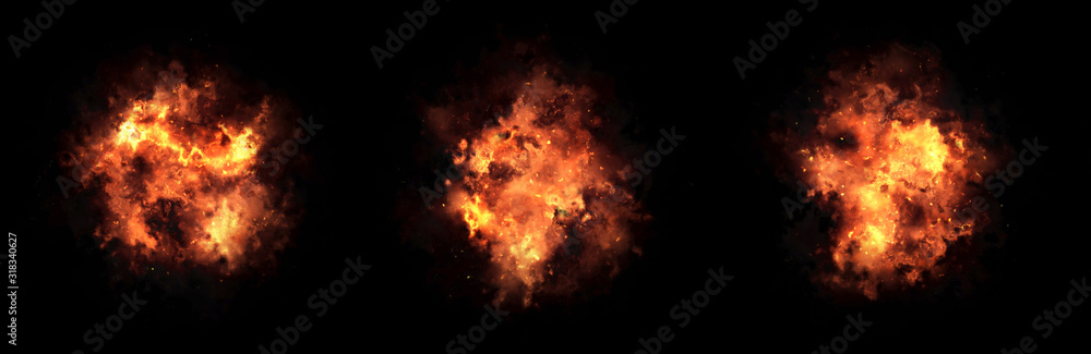 Fire flame on dark background.Set of 3 fires on a long wide background.