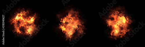 Fire flame on dark background.Set of 3 fires on a long wide background.