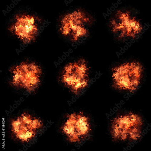Fire flame on black background.Set of 9 fires on a square background.