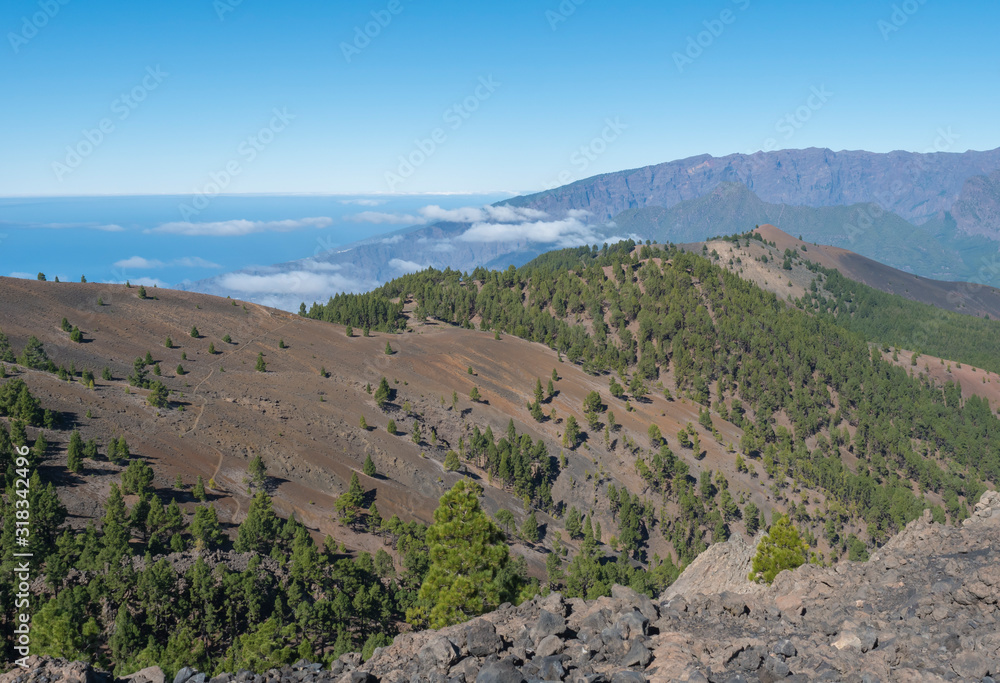 Beautiful volcanic landscape with lush green pine trees and colorful volcanoes along the path Ruta de los Volcanes, beautiful hiking trail at La Palma island, Canary Islands, Spain, Blue sky