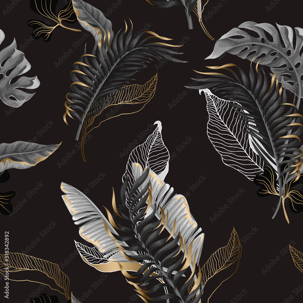 Fototapeta Seamless pattern with black and white tropical leaves and golden elements. Vector.