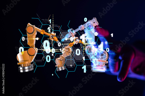 Industry 4.0 concept - Robot arm in smart factory background.