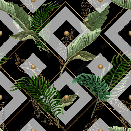 Seamless pattern with tropical leaves, gold and geometrical elements. Vector.