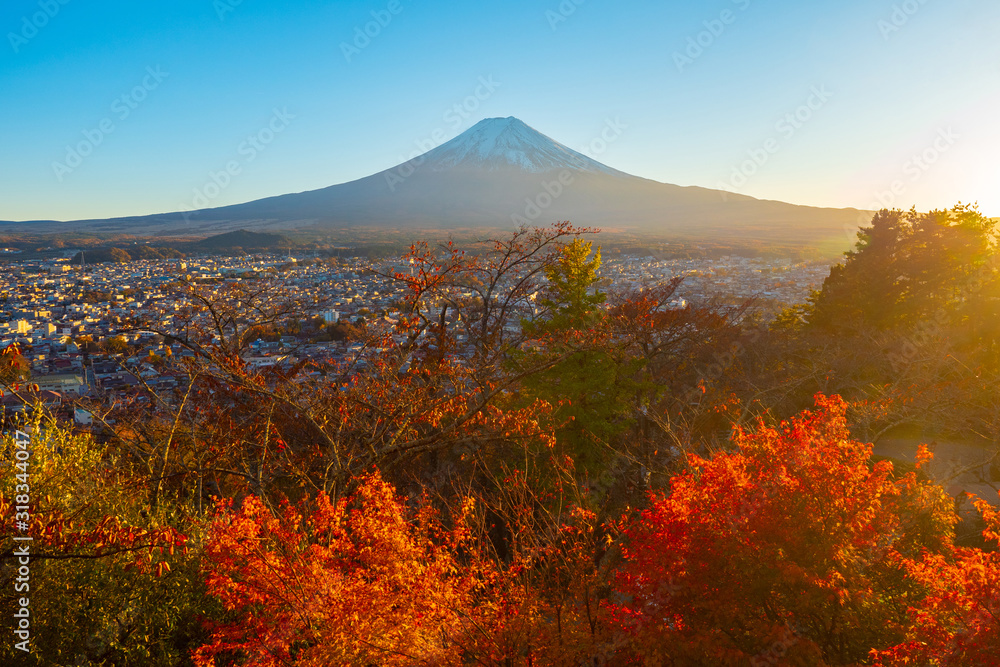Japan. Mount Fuji on the background of autumn landscape. The mountain is a symbol of Japan. The town of Kawaguchiko, at the foot of mount Fuji. Panorama of Japan on a Sunny autumn day.