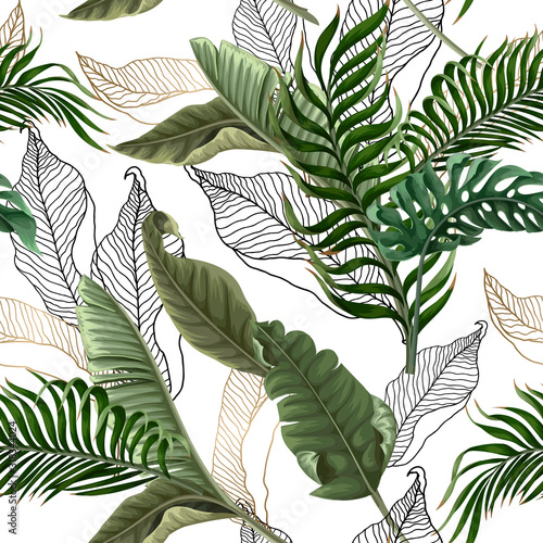 Seamless pattern with tropical leaves on white background. Vector.