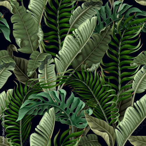 Modèle sans couture avec des feuilles tropicales sur fond noir. Vecteur.