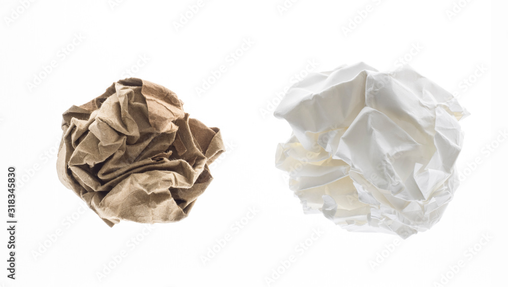Collection of crumpled balls from vintage paper, white and yellow kraft paper. Isolated on white background. Concept for businnes, banner, web site and other. Vintage paper. Crumpled cardboard.