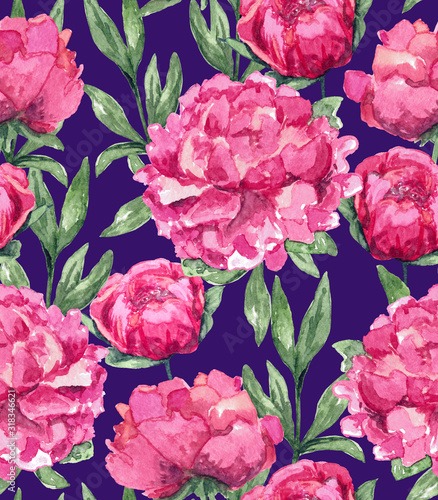 Seamless pattern with pink peonies on a purple background. Simple watercolor. For textiles, decor.