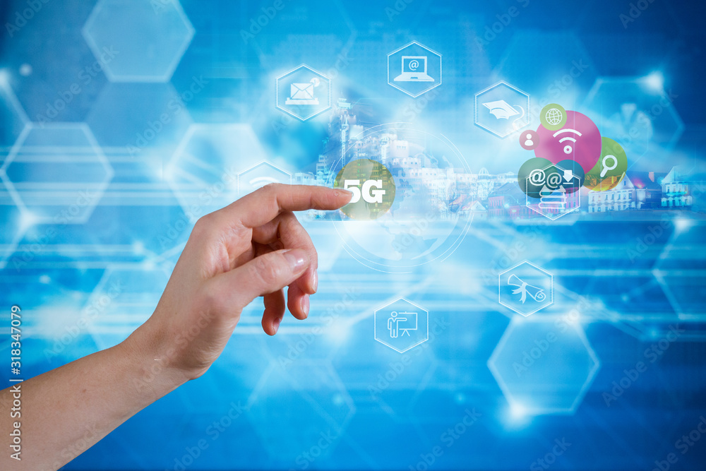 5G mobile technology concept - high internet speed.5G network wireless systems communication network with smartphone in hand and objects icon connecting together, Connect global wireless devices. 5G mobile technology concept - high internet speed.5G network wireless systems communication network with smartphone in hand and objects icon connecting together, Connect global wireless devices.