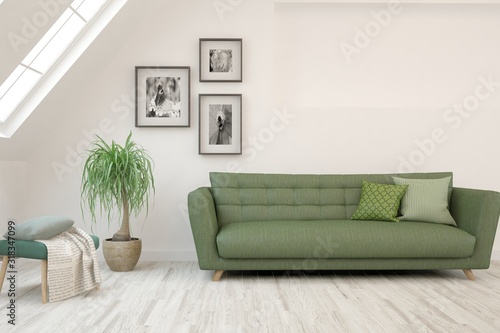 Stylish room in white color with sofa. Scandinavian interior design. 3D illustration