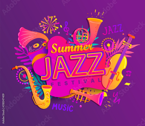 Poster for summer jazz musical festival with classic music instruments - cello, cornet, tuba, clarinet, saxophone on splash with tropical leaves. Vector illustration for music events, jazz concerts.