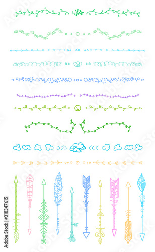 Colorful dividers on white. Bow arrow. Set of different rustic arrows with tribal ornaments