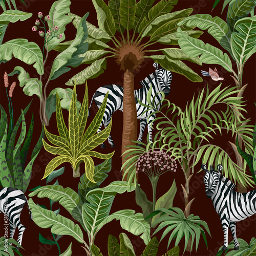 Seamless pattern with tropical trees and zebra. Vector.