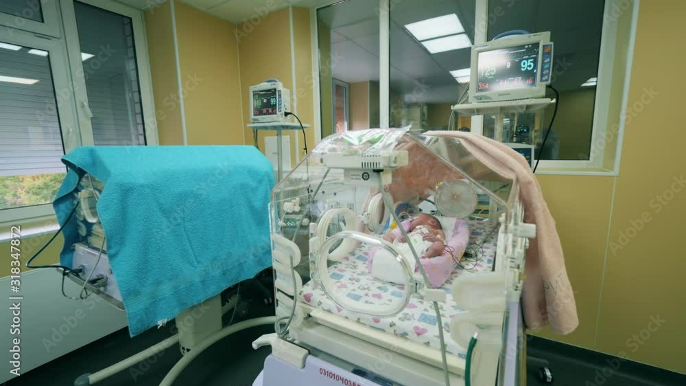 Medical incubators with infants and necessary equipment Medical incubators with infants and necessary equipment