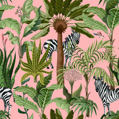 Sierkussen Tropische print patronen Tropische zebras tussen palmbomen patroon  © Yumeee
