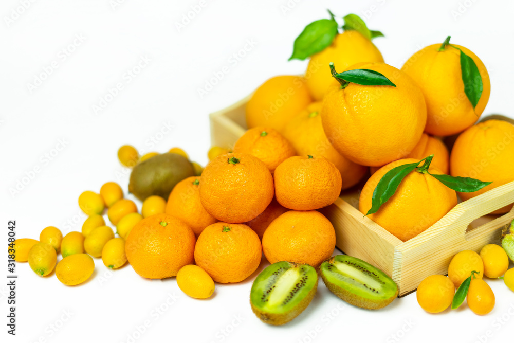 Tropical fruits in bulk: orange, mandarin, kumquat, kiwi. Fresh fruits, food on a white background. Tropical fruits in bulk: orange, mandarin, kumquat, kiwi. Fresh fruits, food on a white background.