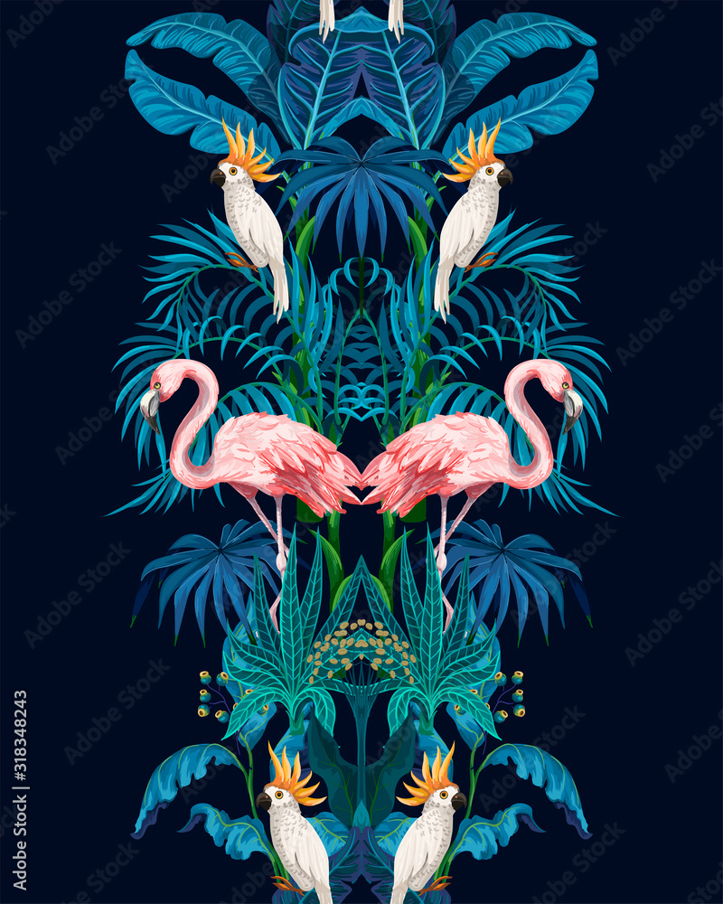 Seamless border with jungle trees, flamingo and parrots. Vector. Seamless border with jungle trees, flamingo and parrots. Vector.
