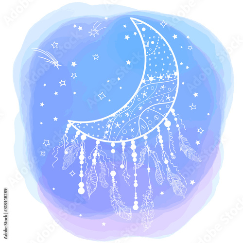 White dreamcatcher on digital watercolor spot. Painted stain. Print for your design
