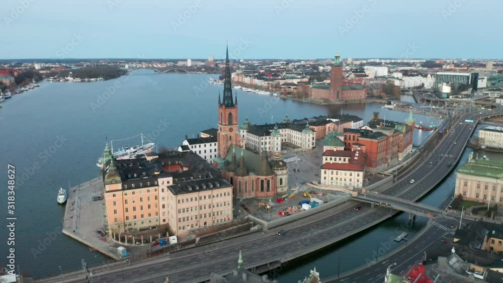 Aerial orbit shot of Riddarholmen Island in Stockholm, Sweden Aerial orbit shot of Riddarholmen Island in Stockholm, Sweden