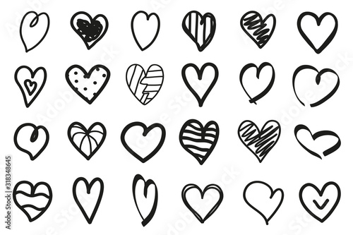 Grunge hearts on isolated white background. Set of stylish signs. Black and white illustration