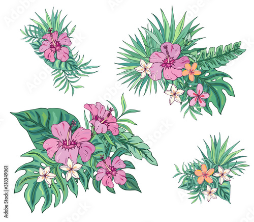 Tropical bouquet with plumeria, hibiscus and palm leaves. Vector isolated illustration on white background. Exotic set tropical garden for wedding invitations, greeting card and fashion design.