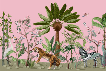 Fototapete Vintage botanische Landschaft Chinoiserie Tiger Reiher Dschungelbäume Muster  © Yumeee