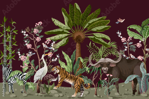 Pattern in chinoiserie style with tiger, heron and jungle trees.