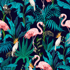 Fototapete Flamingomuster Dschungel mit Flamingos und Papageien  © Yumeee