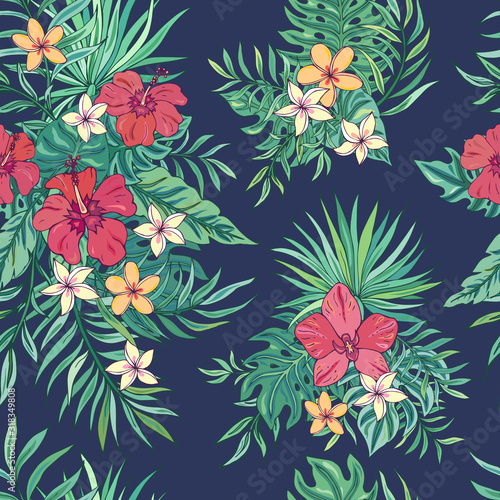 Tropic seamless pattern with hibiscus, plumeria, orchid and tropical leaves. Summer decoration print for wrapping, wallpaper, fabric. Seamless vector texture. Tropical bouquet flowers.