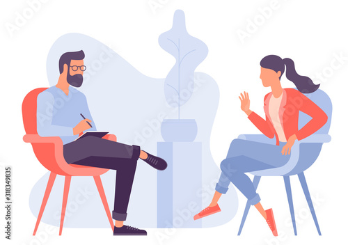 Flat design vector concept for psychotherapy session. Patient with psychologist, psychotherapist office. Psychiatrist session in mental health clinic.