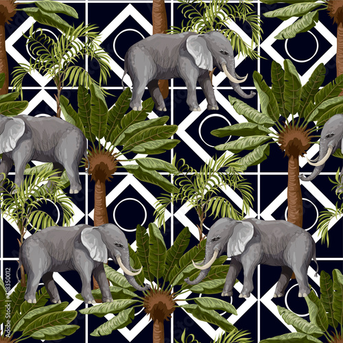 Photography Seamless pattern with elephants and tropical trees on geometrical background
