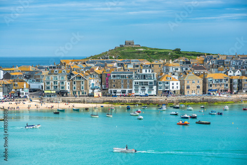 Elevated views of the popular seaside resort of St. Ives in Cornwall, UK