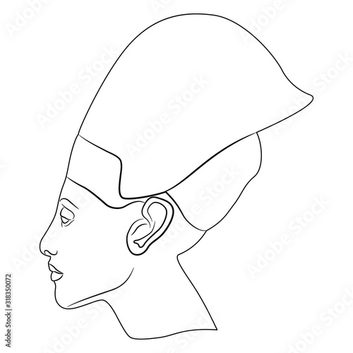 Isolated vector illustration. Profile head of pharaoh Akhenaten in tiara. Ancient Egyptian king Amenhotep IV. Black and white linear silhouette.