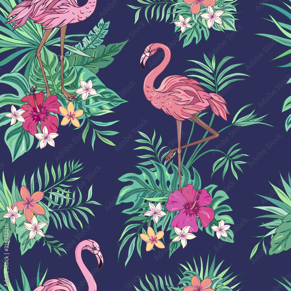 Naklejka premium Vector trendy seamless pattern with flamingo, palm leaves, hibiscus and plumeria. Summer decoration print for wrapping, wallpaper, fabric. Seamless vector texture. Tropical bouquet flowers.