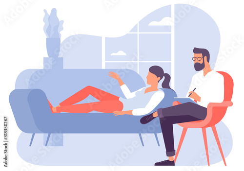 Flat design vector concept for psychotherapy session. Patient with psychologist, psychotherapist office. Psychiatrist session in mental health clinic.