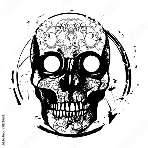 Black and white hand drawn illustration of human skull.