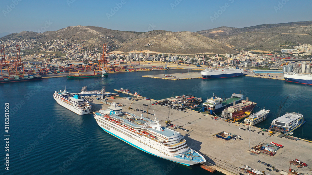 Aerial drone photo of industrial seaside zone of Keratsini near commercial port of Piraeus, Attica, Greece