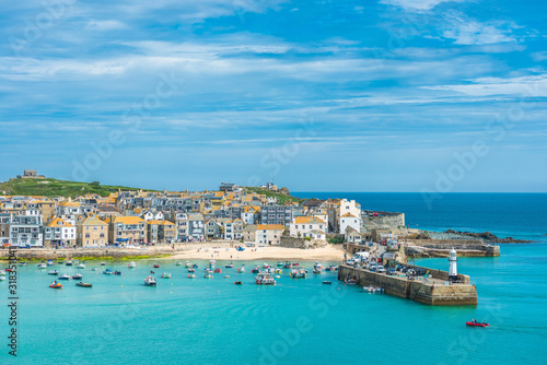 Elevated views of the popular seaside resort of St. Ives in Cornwall, UK © Andrew