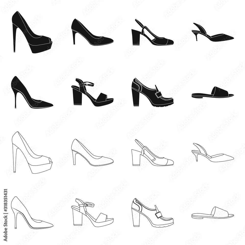 Vector design of footwear and woman sign. Set of footwear and foot stock vector illustration. Vector design of footwear and woman sign. Set of footwear and foot stock vector illustration.
