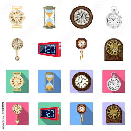 Vector illustration of clock and time icon. Collection of clock and circle stock vector illustration.