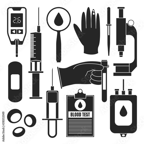 Test of blood black set icon.Vector illustration laboratory research on white background .Vector set icon test of blood.