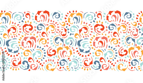 Hand-Drawn Colorful Vintage Swirls Vector Seamless Pattern Border on White Background. Elegant Classic Background Print