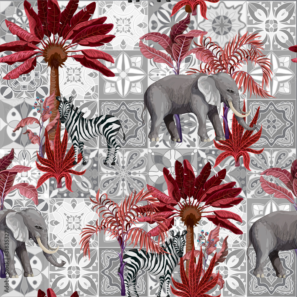 Seamless pattern with elephants and tropical trees on geometrical background.