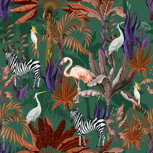 Seamless pattern with tropical animals in jungle. Vector.