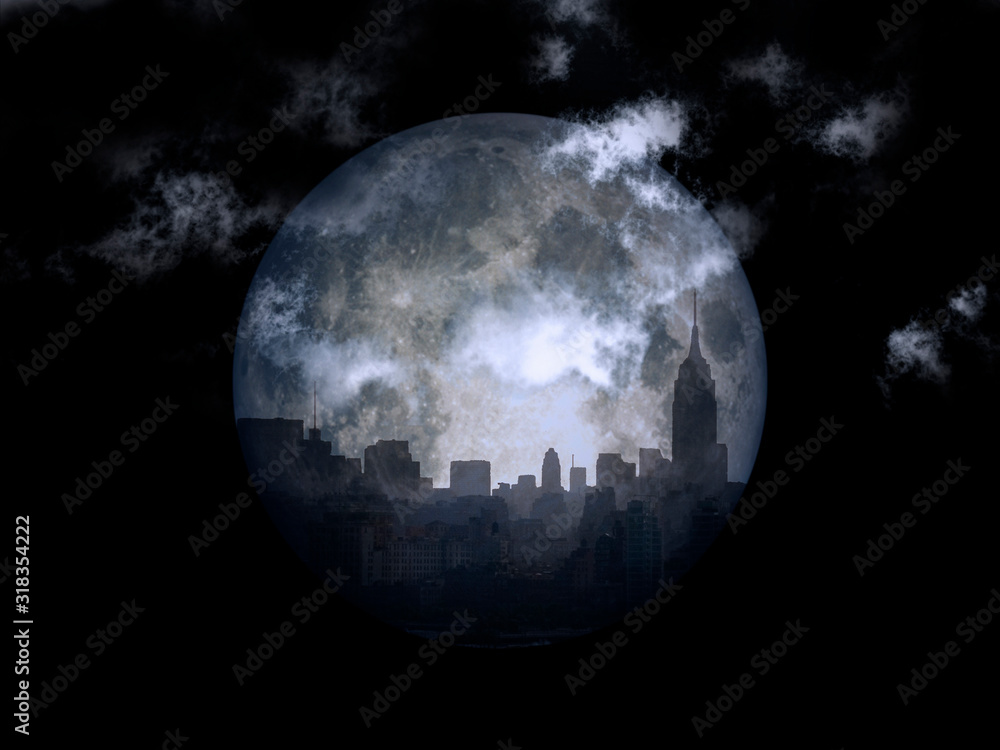 3D rendering. Full moon over night city 3D rendering. Full moon over night city