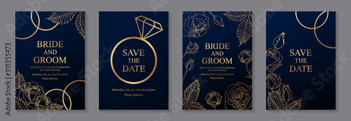 Set of luxury wedding invitation design or greeting card templates with golden roses and rings on a navy blue background.